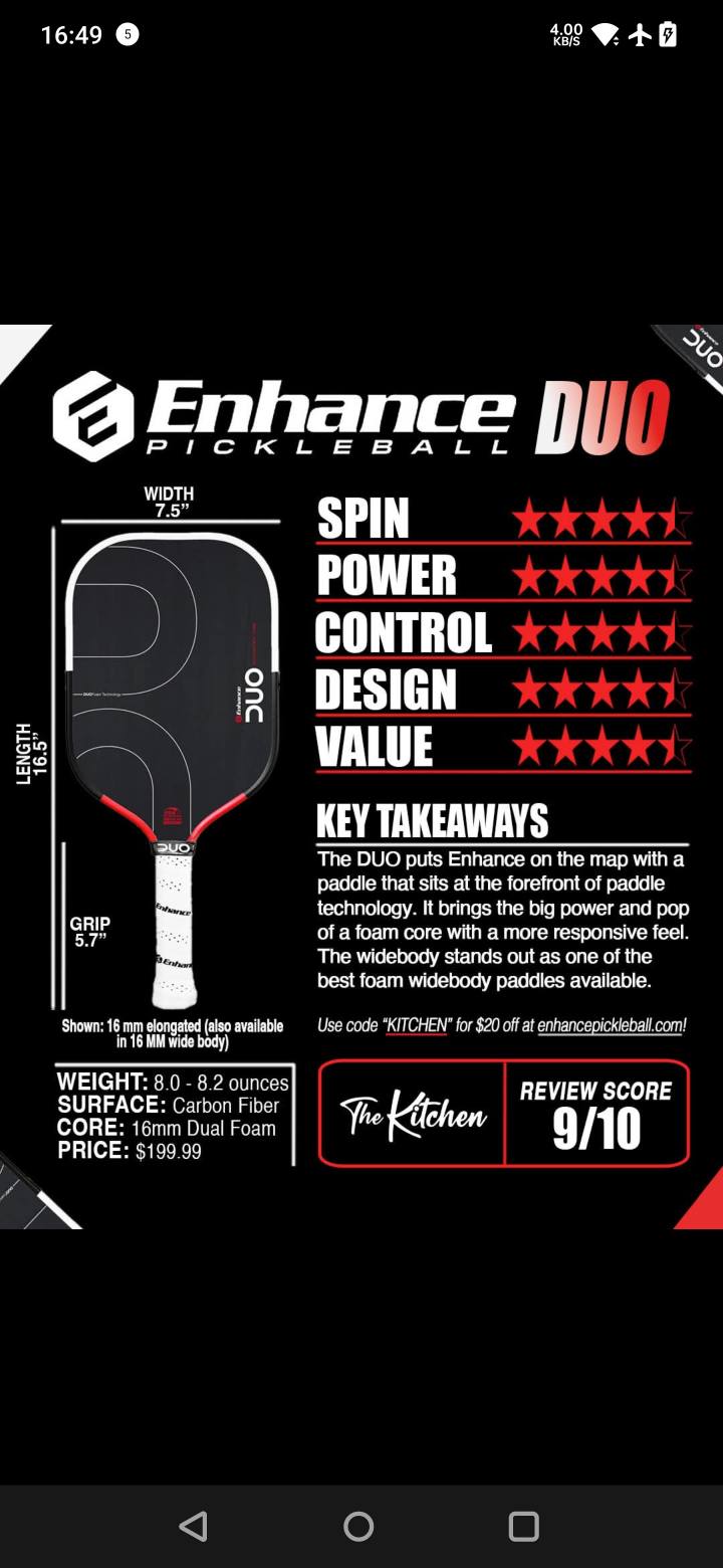 Enhance DUO pickleball paddle on court